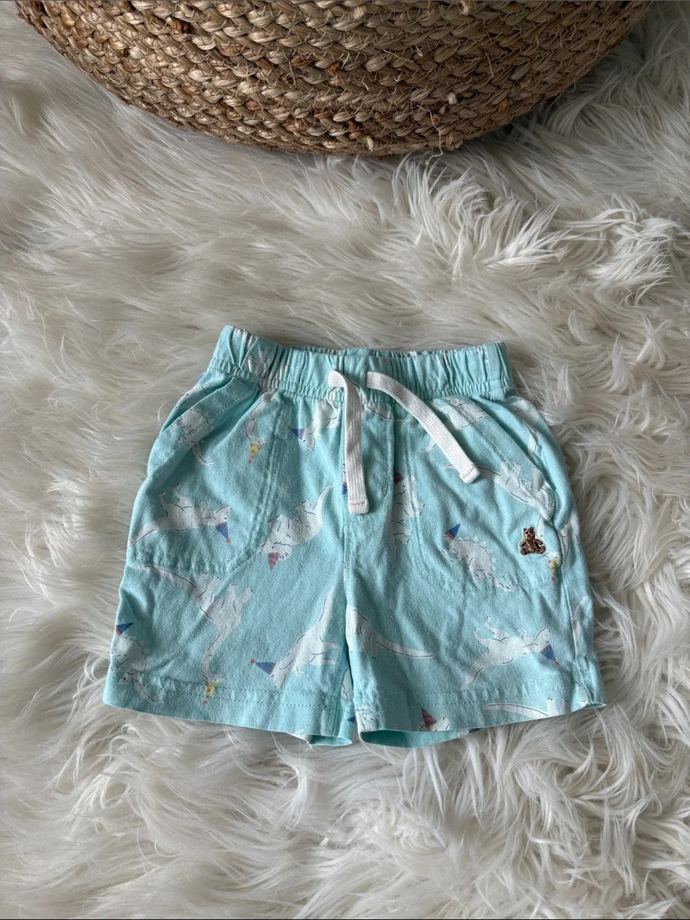 GAP Light Aqua Dinosaur Drawstring Shorts with White Tie